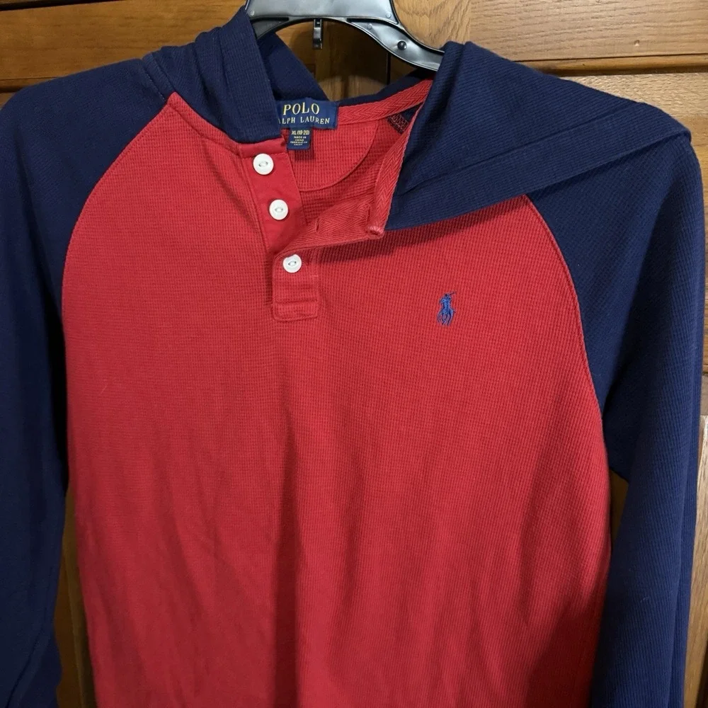 Polo Ralph Lauren Boys XL 18/20‎ Hoodie Henley Sweater Red Thermal Waffle Knit